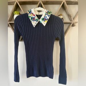 J. Crew Limited-Edition Ribbed Tippi Sweater w/ Embellished Collar. 100% wool.